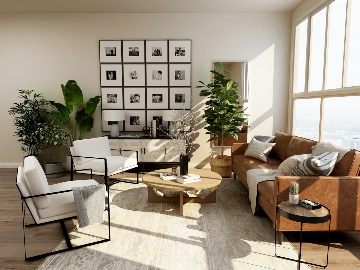 Sunlit living room with a tidy seating area, plants, and large windows